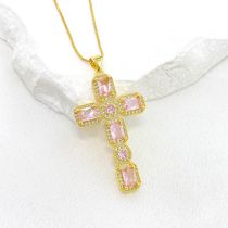 Fashion Pink Copper Inlaid Zirconium Cross Necklace
