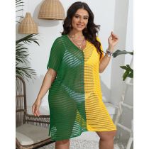 Fashion Green With Yellow Contrast Color Stitching Deep V Hollow Cover Skirt
