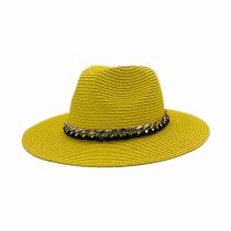 Fashion Yellow Metal Chain Straw Large Brimmed Sun Hat