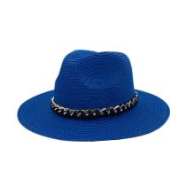 Fashion Blue Metal Chain Straw Large Brimmed Sun Hat