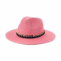 Fashion Pink Metal Chain Straw Large Brimmed Sun Hat