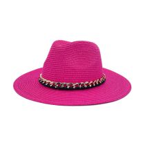 Fashion Rose Red Metal Chain Straw Large Brimmed Sun Hat