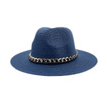 Fashion Navy Blue Metal Chain Straw Large Brimmed Sun Hat