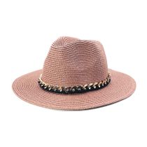 Fashion Deep Pink Metal Chain Straw Large Brimmed Sun Hat