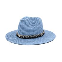 Fashion Lake Blue Metal Chain Straw Large Brimmed Sun Hat
