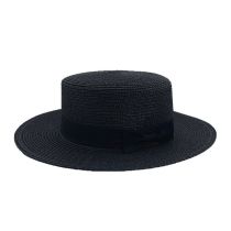 Fashion Black Flat Top Large Brim Straw Sun Hat