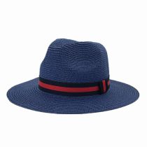 Fashion Navy Blue Flat Top Large Brim Webbed Straw Sun Hat