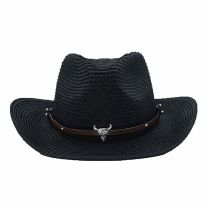 Fashion Black Straw Rolled Hem Denim Sun Hat