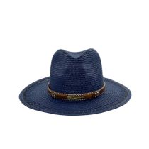 Fashion Navy Blue Metal Leaf Straw Large Brim Sun Hat
