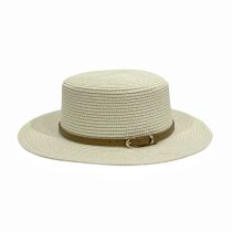 Fashion Milk White Khaki Belt Straw Large Brim Sun Hat