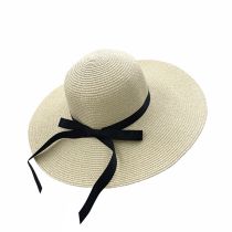 Fashion Off White Straw Large Brim Ribbon Sun Hat