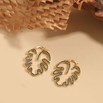 Fashion Black Copper Inlaid Diamond Hollow Leaf Earrings
