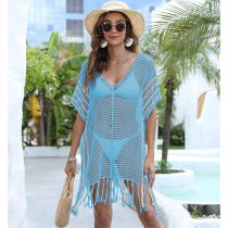 Fashion Sky Blue Hollow Striped Contrasting Blouse