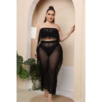 Fashion Black See-through Mesh Ruffle Top And Pants Suit