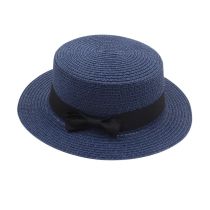 Fashion Navy Blue Straw Small Brim Flat Top Sun Hat