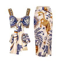 Fashion Strap Separate Suit Polyester Printed Swimsuit With Knotted Beach Skirt Set
