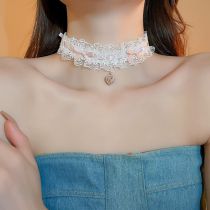 Fashion 47# Necklace-pink-white Fabric Lace Diamond Love Necklace