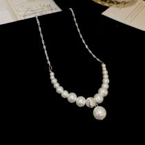 Fashion Necklace - Silver Geometric Pearl Beads Necklace