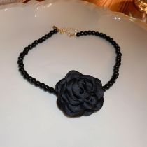 Fashion 9# Necklace-black Fabric Flower Pearl Bead Necklace