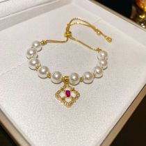 Fashion Bracelet-white (real Gold Plating) Pearl Beaded Diamond Quatrefoil Necklace