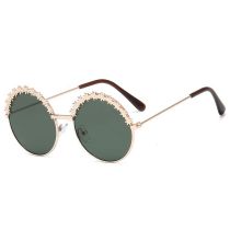 Fashion Gold Frame Dark Green Film Pc Flower Round Sunglasses