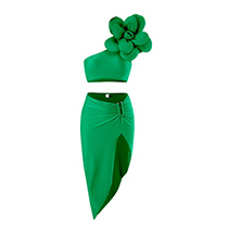 Fashion Green Nylon Flower One-shoulder Slit Beach Skirt Split Swimsuit Three-piece Set