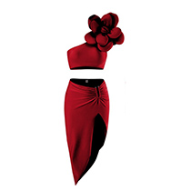 Fashion Claret Nylon Flower One-shoulder Slit Beach Skirt Split Swimsuit Three-piece Set