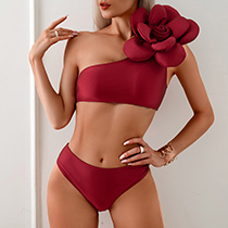 Fashion Burgundy Bikini Nylon Floral One-shoulder High-waisted Split Swimsuit