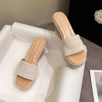 Fashion Apricot Square Toe Platform Woven Sandals