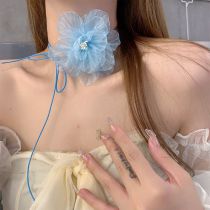 Fashion Sky Blue Camellia Fabric Camellia Necklace