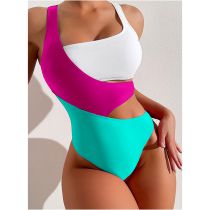 Fashion White Rose Red Lake Green Polyester Color Block Hollow One Piece Swimsuit