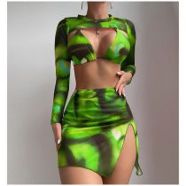 Fashion Light Green Polyester Printed Halter Neck Split Swimsuit Bikini Four-piece Set