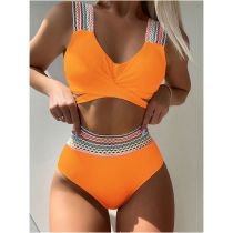 Fashion Orange Color Nylon Printed U-neck High Waist Split Swimsuit