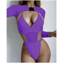 Fashion Purple Nylon Halterneck Hollow One-piece Swimsuit Long-sleeved Cover-up Suit