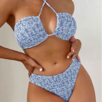 Fashion Blue Nylon Printed Pleated Halterneck Tankini Swimsuit
