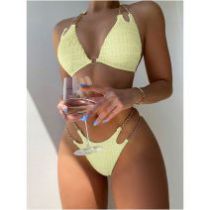 Fashion Light Yellow Polyester Printed Halter Chain Tankini Swimsuit Bikini