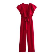 Fashion Red Ruffled Waist-cinching Jumpsuit
