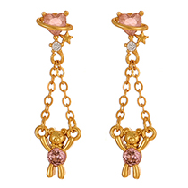Fashion Gold Copper Set Zircon Bear Pendant Chain Earrings