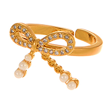 Fashion Gold Copper Set Zircon Pearl Bow Ring