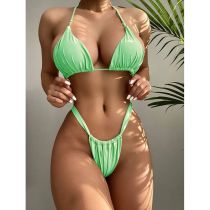Fashion Green Polyester Halter Pleated Tankini Swimsuit Bikini