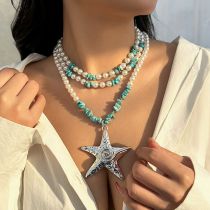 Fashion Silver Pearl Turquoise Beaded Starfish Necklace