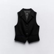 Fashion Black Polyester Lapel Buttoned Vest Jacket