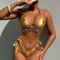 Fashion Gold Polyester Lace-up Tankini Swimsuit Bikini