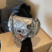 Fashion Silver Pu Diamond Flap Crossbody Bag