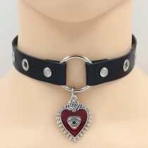 Fashion Red Love Pendant Leather Studded Heart Hollow Necklace