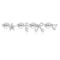 Fashion Set Of 4 In Platinum Color Silver Diamond Geometric Earring Set