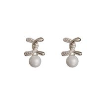 Fashion Silver-zirconia Cross Small Fragrant Pearl Earrings (thick Real Gold Color Preservation) Copper Inlaid Zirconium Cross Pearl Stud Earrings
