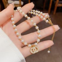 Fashion Diamond-encrusted Small Fragrant Pearl Necklace (thick Real Gold To Preserve Color) Copper And Diamond Double Circle Pearl Bead Necklace