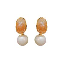 Fashion Orange Color Copper And Diamond Geometric Pearl Earrings