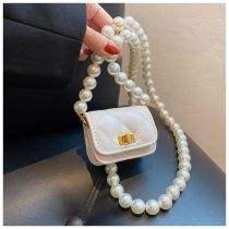 Fashion White Pu Diamond Lock Pearl Beaded Crossbody Bag